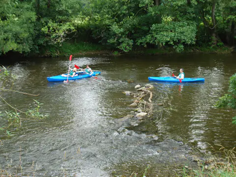 Deux kayakistes pagayant sur une rivière aux rives boisées, près de Bomal