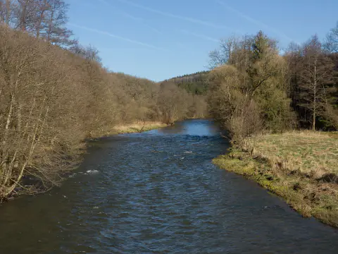 L'Amblève entre Stavelot et Trois-Ponts, avec ses berges herbeuses et ses arbres encore nus